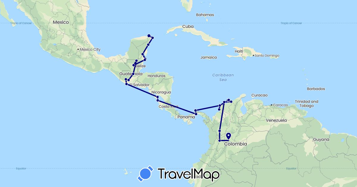 TravelMap itinerary: driving in Belize, Colombia, Guatemala, Mexico, Nicaragua, Panama (North America, South America)